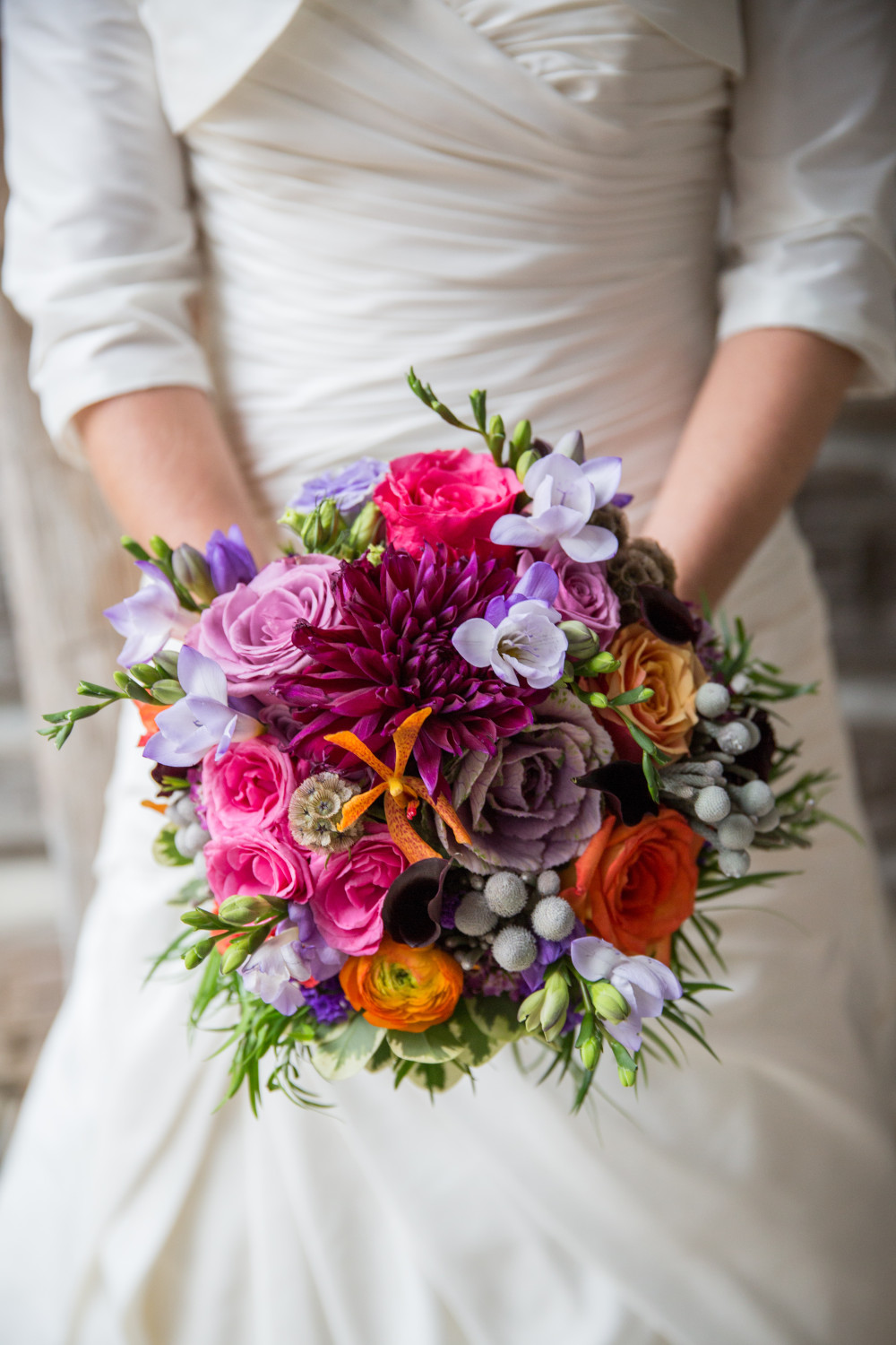 purple wedding, purple bouquet, dahlia bouquet, orange and purple flowers