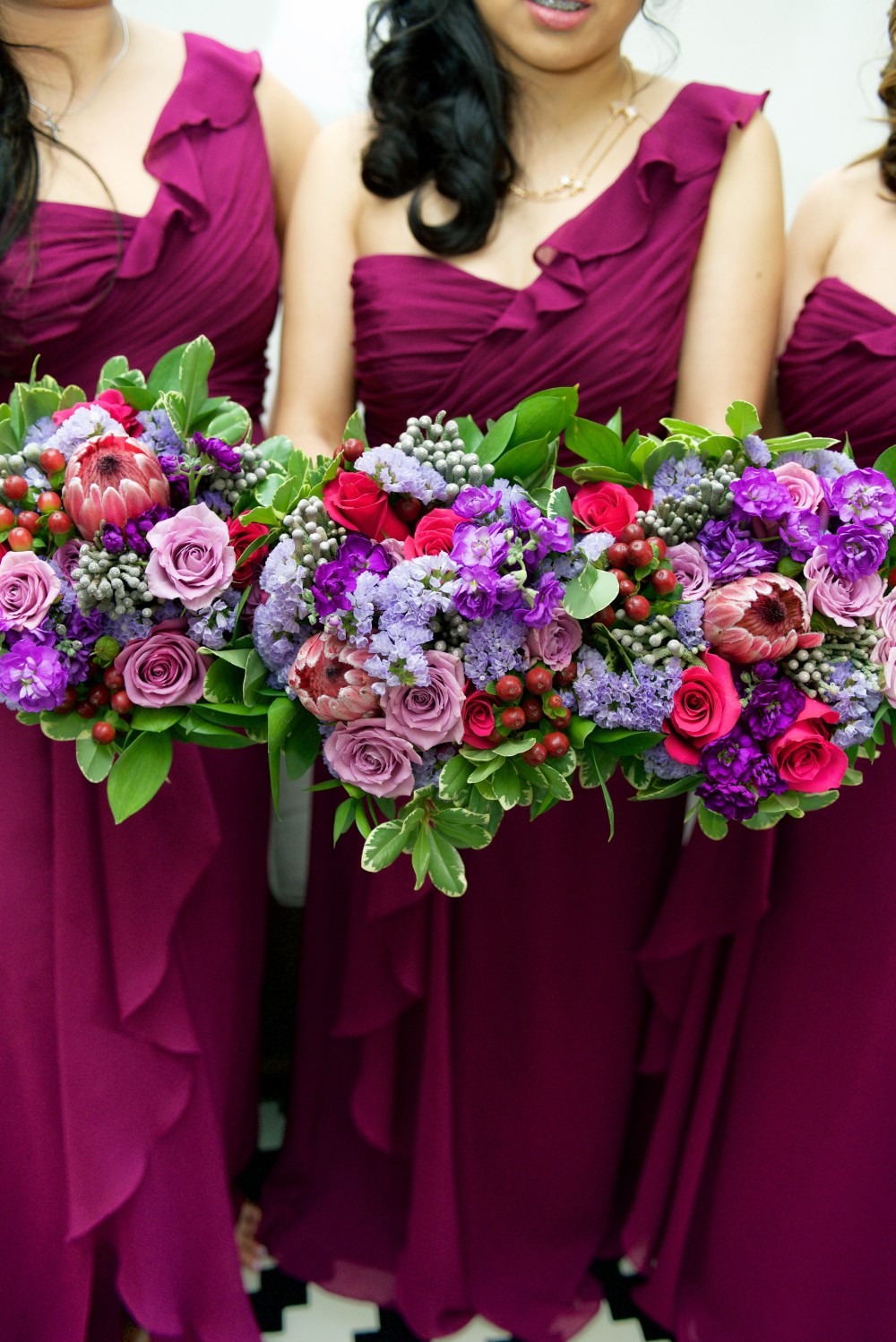 bridesmaid bouquet, David's Bridal Sangria, purple bridesmaids